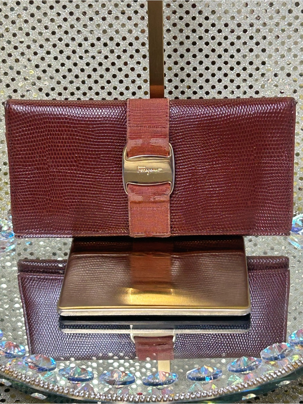 Salvatore Ferragamo Brown Leather Clutch w/Gold-Tone Accent Approx. 3 x 3.5